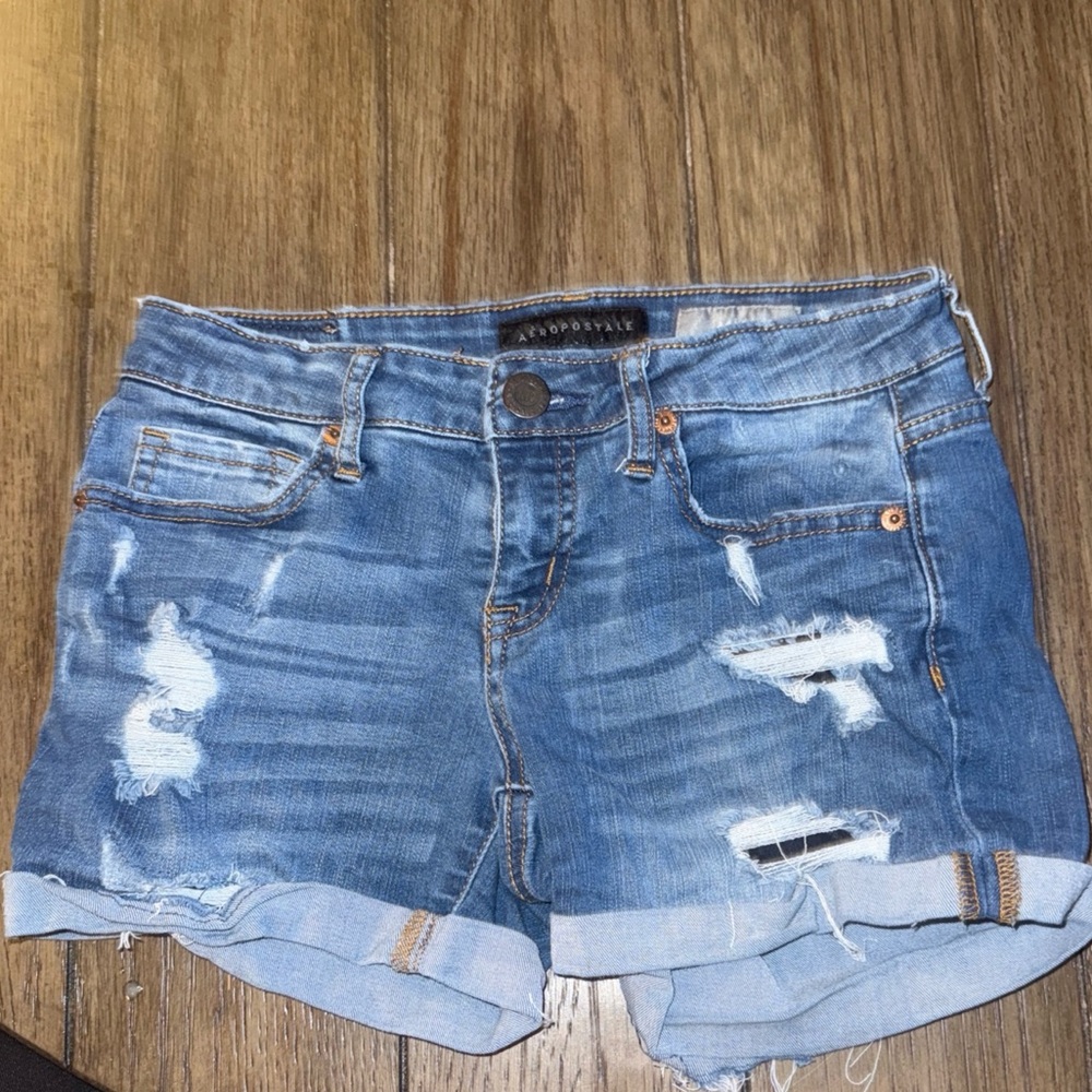 Aeropostale Ripped Blue Jean Distressed Midi Shorts Size 0